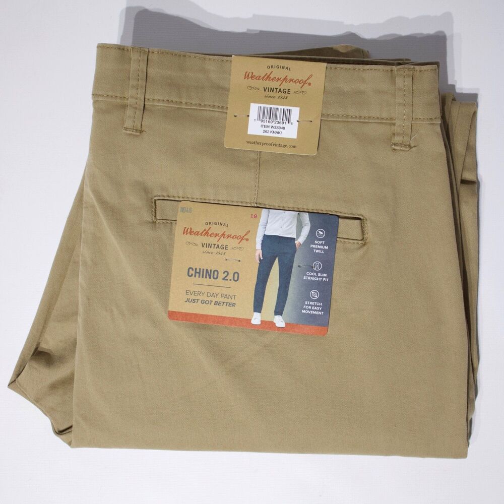 NWT Weatherproof Vintage Chino 2.0 Slim Straight Stretch Pants Khaki Men 36x32 - Picture 2 of 15